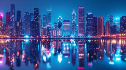 Wall Mural - abstract background with A nighttime cityscape with brightly lit skyscrapers reflecting