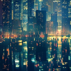 Wall Mural - abstract background with A nighttime cityscape with brightly lit skyscrapers reflecting