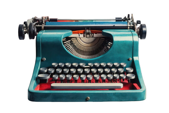 Antique blue typewriter, vintage illustration on transparent background. The typewriter is old and has a classic design.