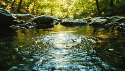 Sticker - Ripples in a Forest Stream with Sunlight Reflecting on the Surface