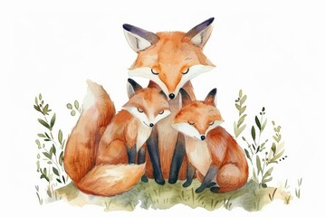 Watercolor painting of a mother fox and her two kits. Children's Book Illustration