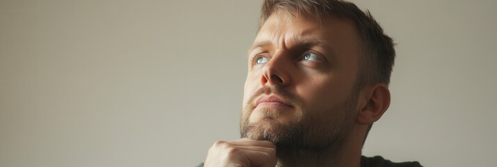 Aufkleber - A man contemplates deeply, resting his chin on his hand while displaying a serious demeanor in a softly lit environment. Generative AI