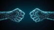 © Halina Berah - On the dark blue background are digital abstract human hands bumping their fists, showing cooperation and partnership between entrepreneurs.