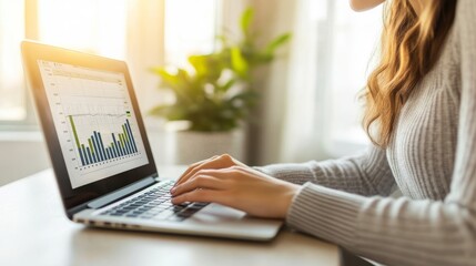 Poster - Young woman sitting in office at work, looking at the company charts and graphs, corporate analytics on her laptop. Female employee working, job workplace.