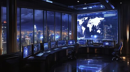 Poster - Office with monitors on the table or desk and a world map on the large display screen on the wall. Network surveillance, monitoring, technical support, logistics, and server room.
