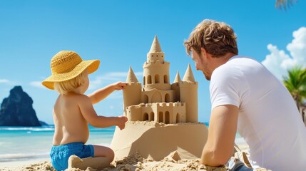 Poster - A man and child playing with sand on the beach, AI