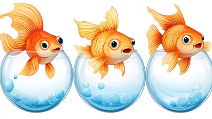 Sticker - Three goldfish in a bowl with bubbles on the side, AI