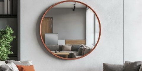 Poster - A round mirror reflects a couch and coffee table.