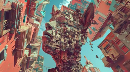 A colossal figure emerges from the colorful cityscape, crafted from compact buildings and fragments, symbolizing the interplay between humanity and urban life