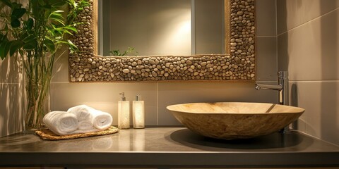 Canvas Print - Bathroom sink with towels, plants and stone decor.