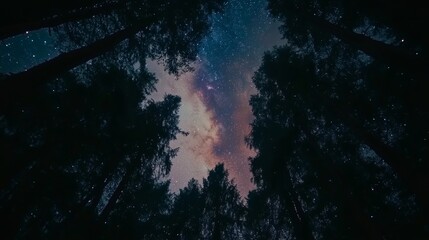 The silhouette of a forest tree under a starry night sky with purple and pink swirls. A summer landscape in the open air to inspire your imagination. Space galaxy stars light and astronomy, dark