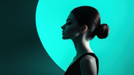 Wall Mural - Woman's Profile Silhouetted Against a Teal Circle