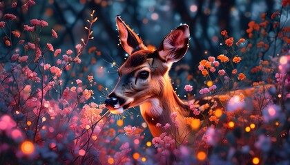 Wall Mural - Serene scene of a deer grazing among luminous flowers under a vibrant sky of pink, purple, and orange hues