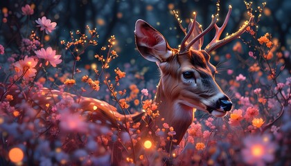 Wall Mural - Serene scene of a deer grazing among luminous flowers under a vibrant sky of pink, purple, and orange hues