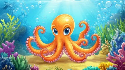 Happy smiling orange octopus underwater in ocean or sea, cartoon illustration of aquatic marine wildlife, adorable baby squid with tentacles swimming in aquarium.