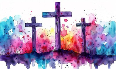 A vibrant watercolor depiction of three crosses silhouetted against a colorful abstract background celebrating hope and resurrection during a sunset in a serene landscape