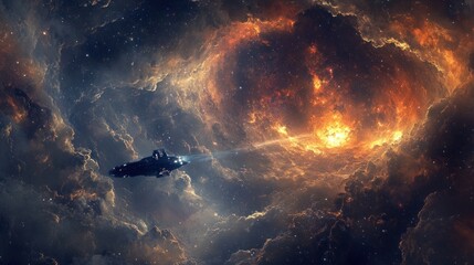 Canvas Print - A Spaceship Travels Through a Glowing Cosmic Nebula