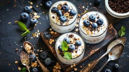 Wall Mural - Delicious and healthy desserts served in clear jars. Blueberries and granola create a fresh look. Perfect for food blogs and recipe sharing. Enjoy a nutritious treat. AI