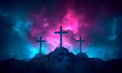 Wall Mural - Three radiant crosses illuminated against a cosmic night sky with vibrant clouds, symbolizing faith and hope, captivating the spirit in a serene landscape