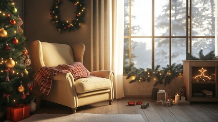 Poster - christmas room with a fireplace, tree and christmas decorations