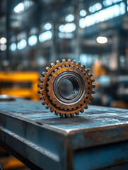 Wall Mural - A single gear on a metal workbench in an industrial workshop.