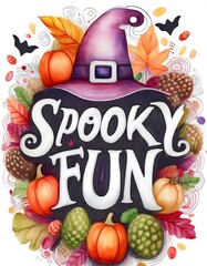 Canvas Print - Watercolor Halloween Spooky Fun lettering artwork with whimsical, hand-drawn font with rounded, soft edges, surrounded by autumn leaves. Vertical Graphic art illustration