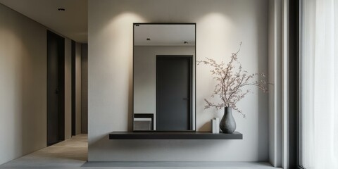 Minimalist hallway with a large mirror and a vase of