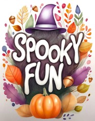 Canvas Print - Watercolor Halloween Spooky Fun lettering artwork with whimsical, hand-drawn font with rounded, soft edges, surrounded by autumn leaves. Vertical Graphic art illustration isolated