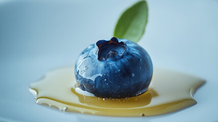 Close-up of a fresh blueberry with syrup and leaf