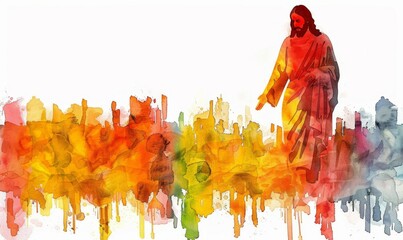 A vibrant depiction of a serene figure walking among colorful abstract representations of people, blending shades of orange, yellow, and green in a harmonious celebration of life and faith