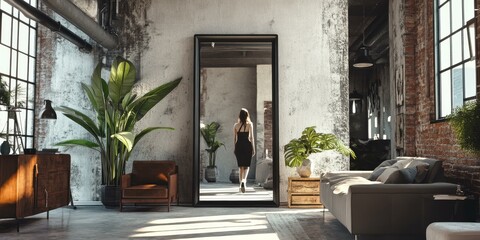 Poster - Industrial loft apartment with large mirror.