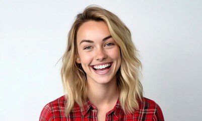 Wall Mural - Portrait of a beautiful young woman smiling on a white background.