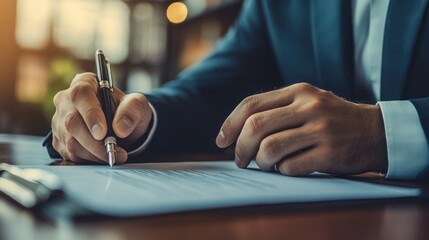 Poster - Close-up of a Man's Hand Signing a Document with a Pen
