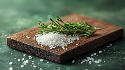 Rosemary sprig and sea salt on a wooden board