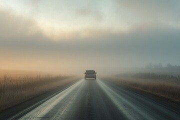 Wall Mural - Car Driving Through Foggy Landscape