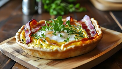 Savory bacon and cheese quiche lorraine presented on a rustic wooden board, enhanced with fresh herbs for a vibrant touch.