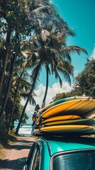 Sticker - Vintage Car with Surfboards by the Beach