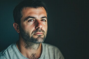 Aufkleber - A man appears deep in thought, his serious expression illuminated softly, hinting at a moment of reflection in the late afternoon. Generative AI