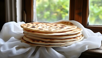 Freshly baked flatbreads resting on a white cloth by a sunlit window