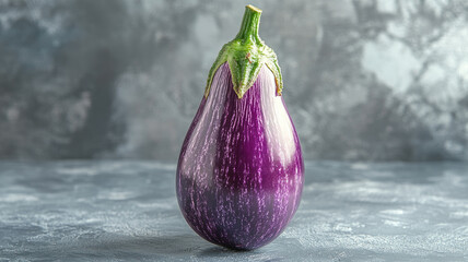 Single fresh eggplant with green cap on a gray background