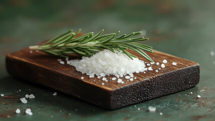 Coarse sea salt and rosemary on a wooden board.