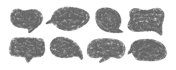 Poster - Chalk Drawn Speech Bubbles set. Abstract Speak Talk clouds collection. Doodle drawn conversation Dialogue Blank Balloon. Cute Crayon texture Text Box stickers. Black and White sketch illustration