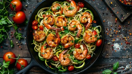 Wall Mural - Delicious shrimp pasta dish presented in an elegant skillet. Fresh ingredients create vibrant colors. Perfect for food lovers seeking mouthwatering recipes and inspiration. AI