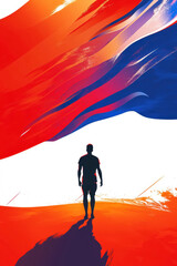 Wall Mural - Independence day of Haiti celebration. Silhouette of man against Haitian flag. Back view. Vertical banner. Free space for text. Flat illustration