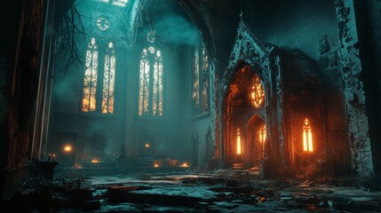 Wall Mural - A Gothic Church Interior with Ruins, Dust, and Candles