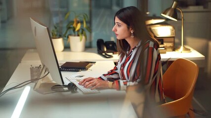 Canvas Print - Business woman, company and computer with typing, email or working late as manager in finance agency. Female person, research and tech on stock market for network as accountant for office as advisory