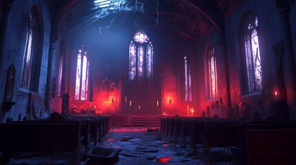 Wall Mural - Abandoned Church Interior with Red and Blue Lighting