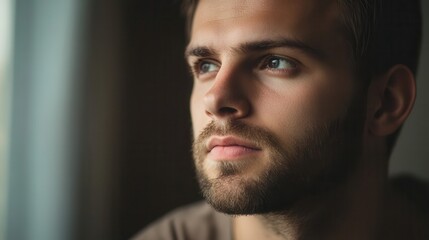 Aufkleber - A man with a serious expression looks thoughtfully out a window, lost in contemplation amidst the calm of an afternoon. Generative AI