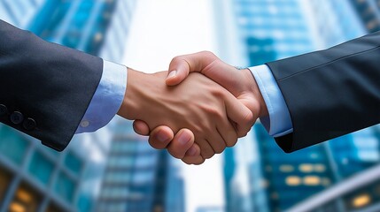 businessman shaking hands after successful deal with city in background