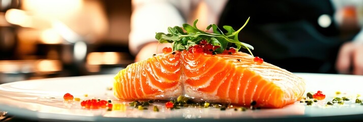 A master chef elegantly presents a perfectly cooked salmon fillet, adorned with fresh herbs and vivid red caviar, in a warm and inviting kitchen environment